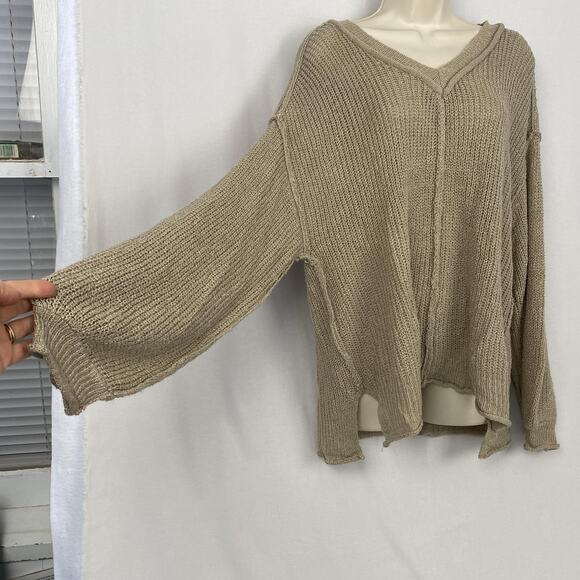 POL Sweater Womens Medium Taupe Double V Neck Oversized Slouchy Chunky Open Knit - Picture 4 of 14